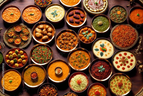 Selection of Indian curry and rice dishes on a big table. top down view. vibrant colours. Food generative ai