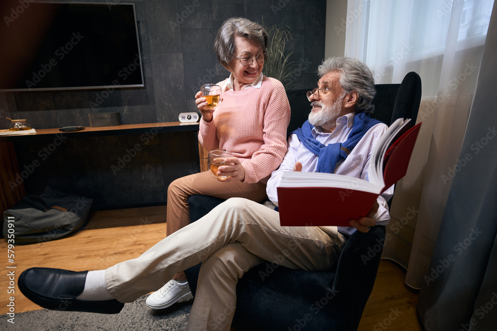 Old spouses are comfortably seated in an armchair Old spouses are comfortably seated in an armchair