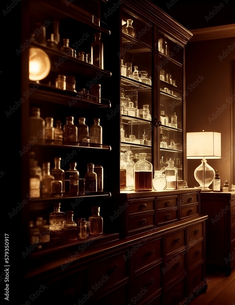 interior of an old drugstore with bottles created with Generative AI technology