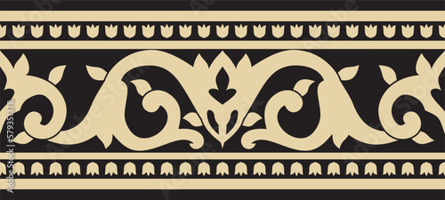 Vector gold and black seamless turkish ornament. Endless ottoman national border, frame..