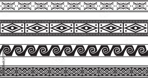 Vector set of seamless monochrome national native american ornaments. Endless ethnic black borders, frames of the peoples of America, Aztec, Maya, Incas. For sandblasting, plotter and laser cutting..