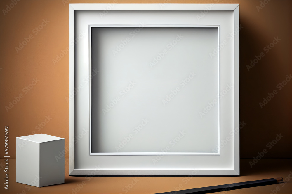Blank picture frame and black pencil on brown background. Generative AI Blank picture frame and black pencil on brown background. Generative AI