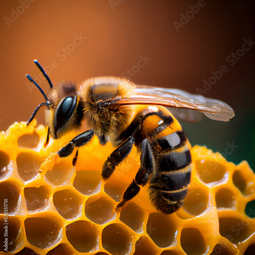 a small striped worker bee brings honey to the comb
