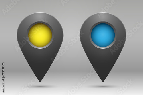 Realistic gray geolocation icons with colored inserts on a gradient background. A set of geolocation map pin code icons. Vector EPS 10.