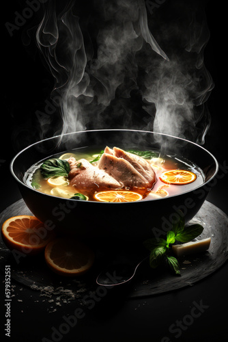 Soul-Warming Hot Steaming Chicken Soup Served in Style on a Black Stone Platter. Generative AI