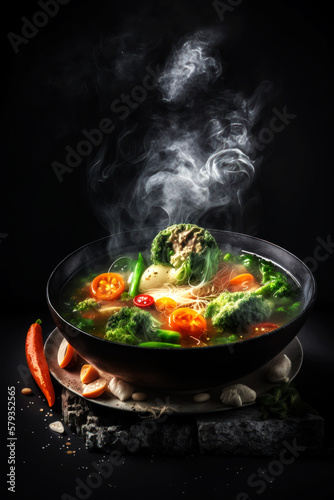 Soul-Warming Hot  Steaming Soup Served in Style on a Black Stone Platter. Generative AI