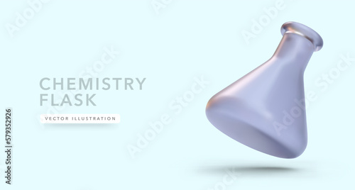 Chemical laboratory glassware, empty Erlenmeyer flask in 3d realistic style with shadow. Vector illustration
