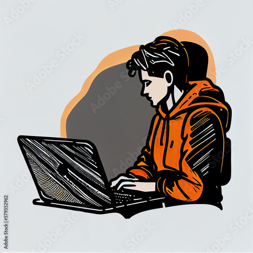 Illustration of a boy working on his laptop