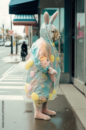 Abstract futuristic Easter concept  fashion modern raincoat with bunny ears on young cute rabbit. Trendy colors  eccentric style. Generative AI.