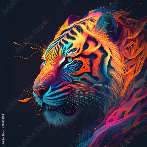 Tiger in neon colors. Generative AI.