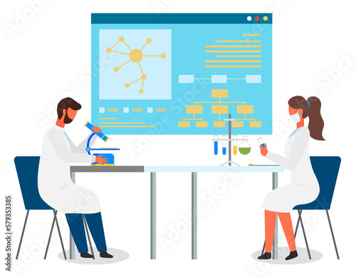 Laboratory workers making experiments. Scientist man with mircoscope. Woman researcher exploring flasks with liquid samples. Man, woman at background of board with formula, molecula, text information