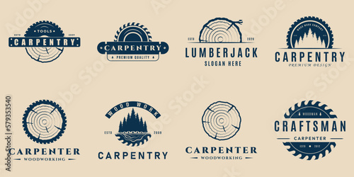 Set carpentry and woodwork vintage logo, with emblem vector illustration design