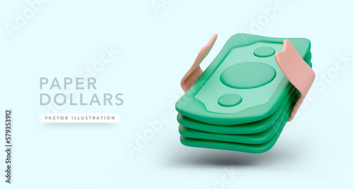 Falling wad of dollars with shadow in 3d realistic style isolated on light background. Vector illustration