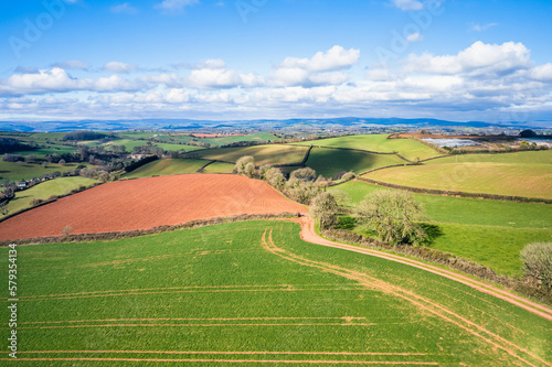 Fields and Farmlands in spring from a drone, Devon, England, Europe