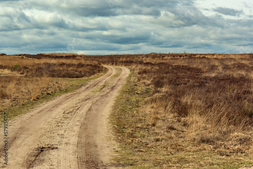 Dirt road in heath landscape under a cloudy sky.