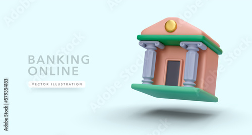 Falling bank building in 3d realistic style. Banking online concept. Vector illustration