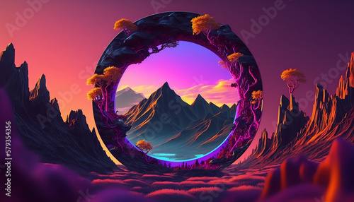 3d render. Abstract neon background with round geometric shape, surreal landscape, mountains and ring glowing in ultraviolet spectrum. Virtual reality scenery