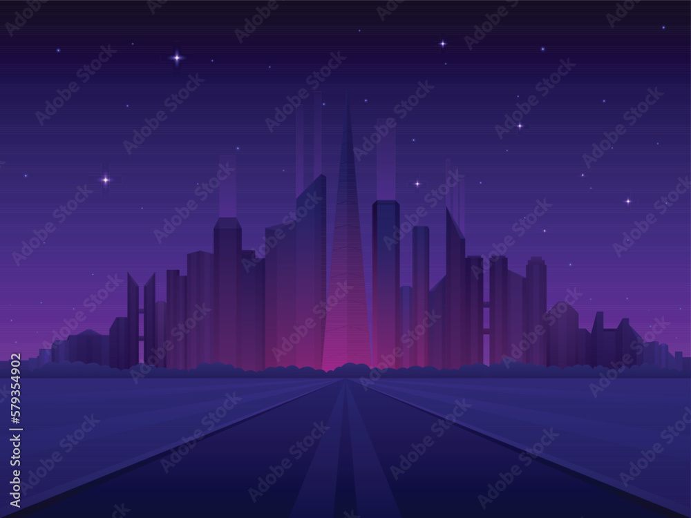 Futuristic night city and metropolis road with skyscrapers