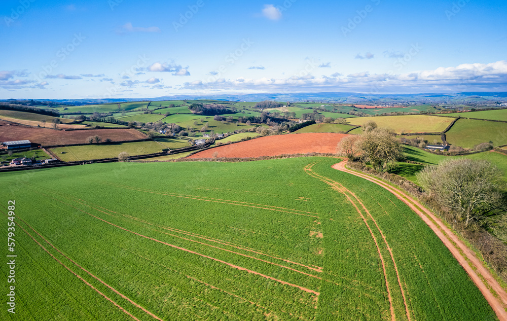 Fields and Farmlands in spring from a drone, Devon, England,  Europe