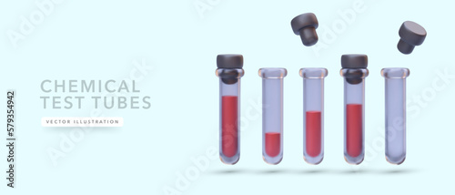 Set of realistic 3d glass test tube with shadow isolated on light background. Vector illustration