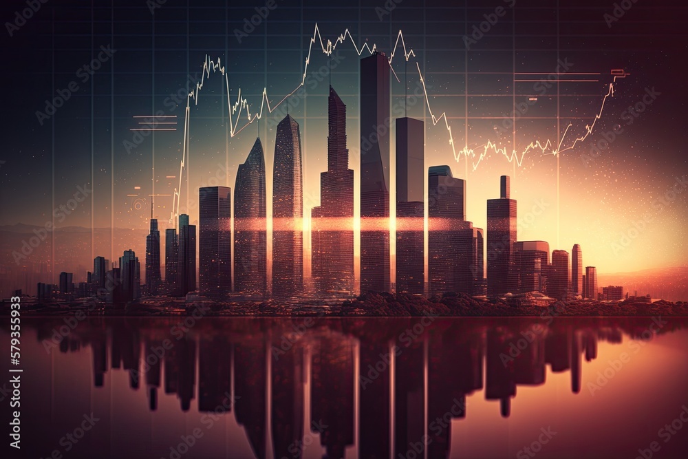 Double exposure of a forex chart above a cityscape with skyscrapers. Idea in financial analysis. Generative AI