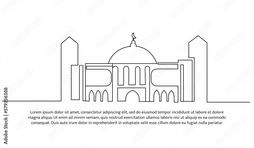 Continuous line design of modern mosque. Future building design concept. Decorative elements drawn on a white background.