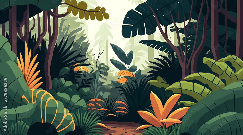 Fototapeta premium Jungle forest view, tropical trees, generative AI.