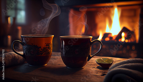 Two cups of steaming hot tea in front of fireplace. The concept of home warmth and comfort. Created with Generative AI technology