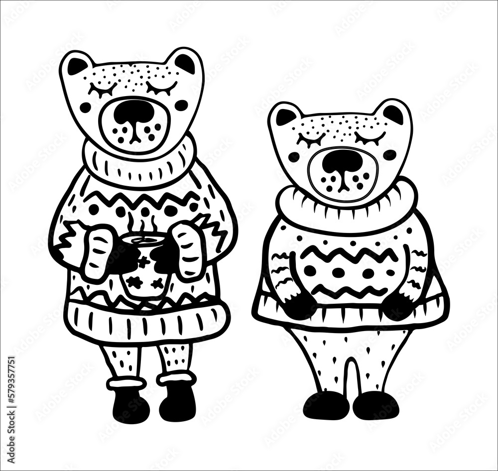 Two funny bears wearing sweaters, bear brothers doodles