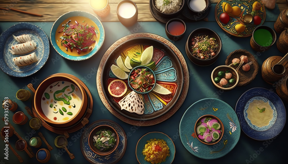 International cuisine dishes, such as Japanese sushi, Mexican tacos, Italian pasta, and Indian curry, presented on colorful ceramic plates