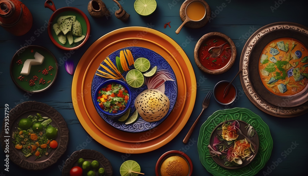 International cuisine dishes, such as Japanese sushi, Mexican tacos, Italian pasta, and Indian curry, presented on colorful ceramic plates