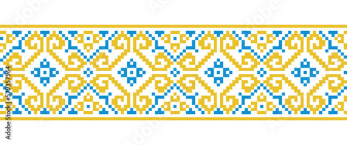 Ukrainian ornament in yellow and blue colors. Ukrainian geometric vector ornament, border, pattern. Pixel art, traditional embroidery vyshyvanka, cross stitch