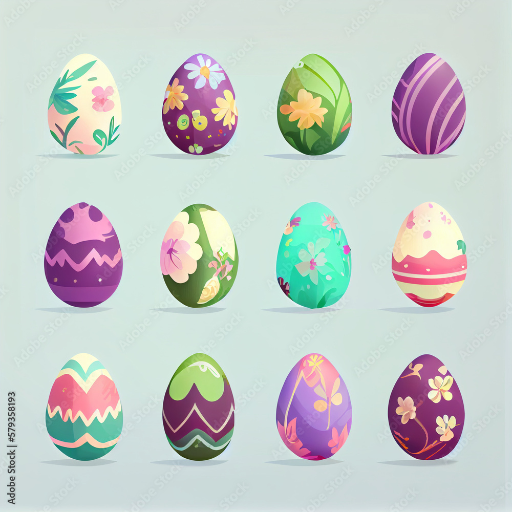 fine painted eggs designed for Easter, cartoon style, flat design, generative ai