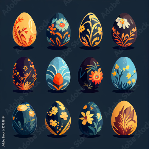fine painted eggs designed for Easter, cartoon style, flat design, generative ai