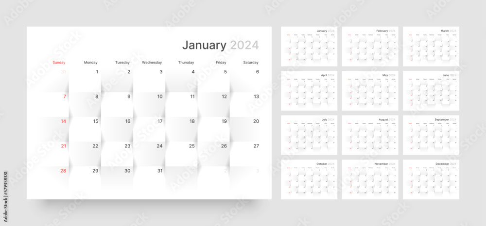 Monthly calendar template for 2024 year. Planner diary with 3d paper background. Week Starts on Sunday. Monthly calendar template for 2024 year. Planner diary with 3d paper background. Week Starts on Sunday.