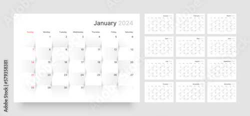 Monthly calendar template for 2024 year. Planner diary with 3d paper background. Week Starts on Sunday. 