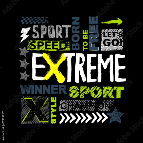Grunge drawing for t-shirts for boy. Extreme style modern illustration with with slogans