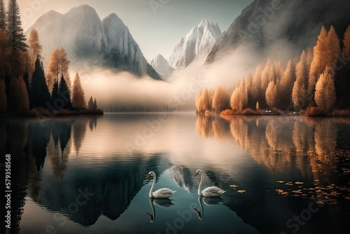 Two white swans paddle around Italy's Lake Fusine. The lake's icy surface reflects the autumn foliage colors of the surrounding forests. Sunrise. Fog shrouds the mountains in the morning. Generative