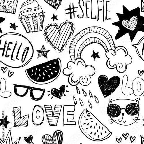 Black and white seamless pattern with hearts, cat and hearts. Cool texture background. Wallpaper for teenager girls. Fashion style