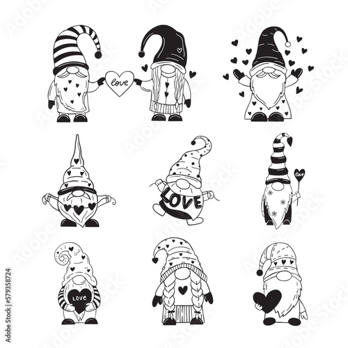Funny Valentine's day garden gnomes isolated clip arts bundle, Cute dwarfs with hearts, valentine kids characters, vector