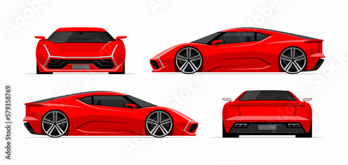 Sports car set in flat style. Front, back, side view of the supercar isolated on white background.