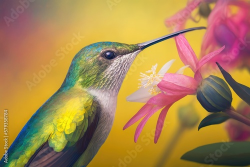 Blue hummingbird in close up detail. An unidentified bird drinking from a pink flower. A flower and a hummingbird. Colombian white tailed hillstar (Urochroa bougueri) perched atop a bright yellow blos photo
