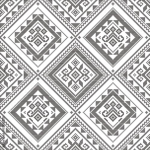 Filipino folk art Yakan cloth inspired vector seamless pattern, geometric textile or fabric print design from Philippines in black and white
