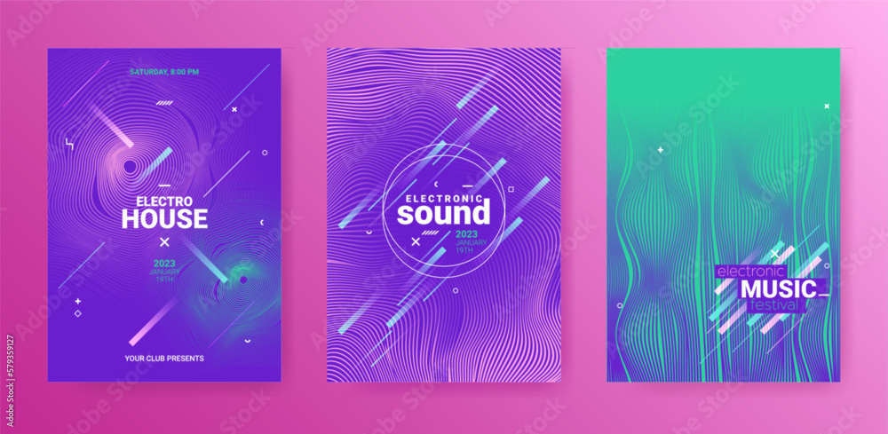 Edm Dj Flyer. Electro Sound Poster. Techno Music Cover. Vector 3d Background. Psychedelic Dj Flyer. Geometric Festival Banner. Gradient Wave Circle. Minimal Abstract Dj Flyer Set.