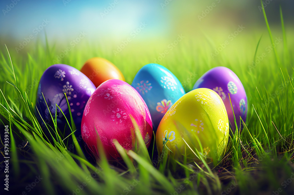 Colorful painted easter eggs in fresh green grass background for holiday concept, happy easter, Generative Ai