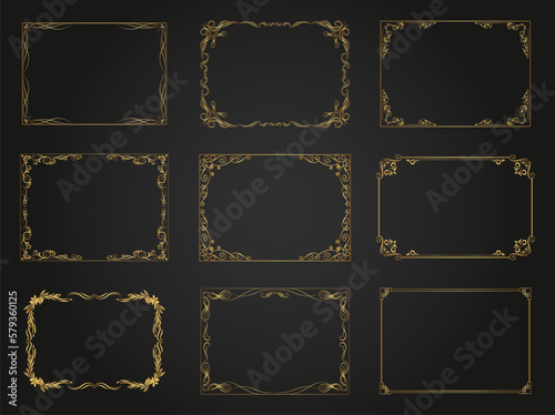 Luxury decorative golden frames. Retro ornamental frame, vintage rectangle ornaments & ornate border. Decorative wedding frames, antique museum image borders. Isolated vector icons set