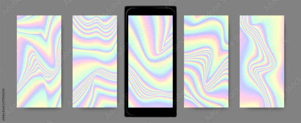 Colorful Hologram Screensaver. Abstract Vibrant Templates for Mobile. Mesh Wave Textures. Holography Backgrounds. Vector Liquid Wallpaper. Bright Gradient Fluids. Neon Holographic Set.
