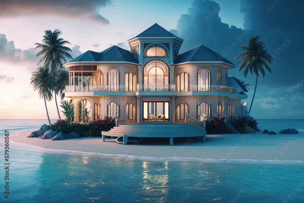 luxury house hotel on tropical beach. dreamy vacation concept. generative ai