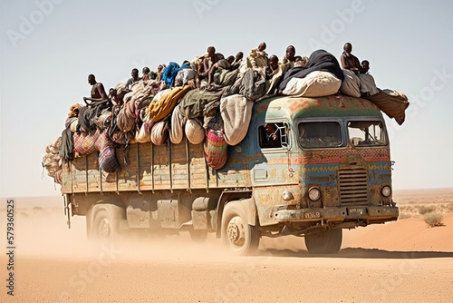 truck in Africa transporting people and bags. generative ai