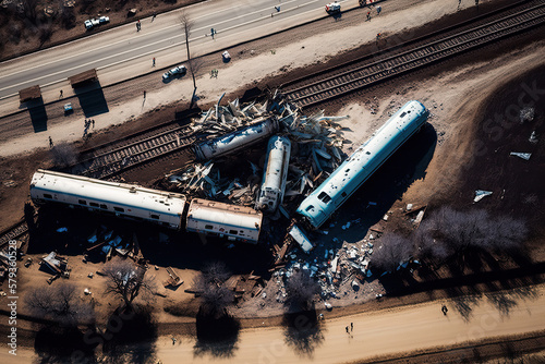 train derailment and accident with train wagons broken. generative ai photo